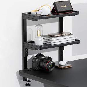 Spacrea clamp on Desk Shelf, 2 Tier Office Desk Shelves Organizer, Wood Desktop Supplies Storage Rack, Desk Organizers and Accessories (Black)
