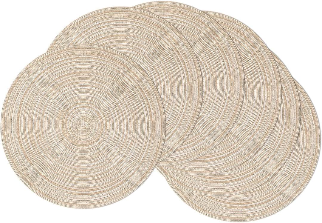 SHACOS 15 inch Round Braided Placemats Set of 6 Cotton Polyester Place Mats Non Slip Heat Resistant Washable Table Mats for Kitchen Dining Party Table Decor (Beige, 6)