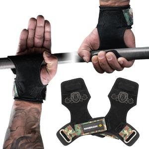 MANUEKLEAR Gym Straps Weight Lifting, Double Leather Lifting Straps for Men Deadlift with Cushion Wrist Loop, Gym Lifting Wrist Wraps for Weightlifting (Black/Camo)