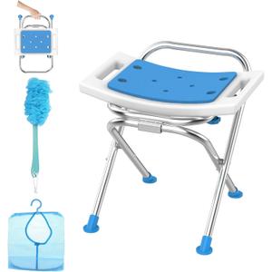 Folding Shower Chair Seat, 17.5" Stainless Steel Small Shower Chair for Inside Shower, 400lbs Portable Travel Shower Stool, Safety Anti-Slip Bath Chair for Seniors, Disabled, White