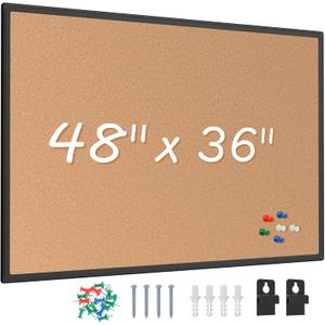 Board2by Bulletin Board 48 x 36, Black Aluminium Framed 4x3 Corkboard , Large Wall Mounted Notice Board with 18 Push Pins for School, Home & Office