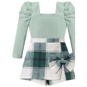 KISSB Toddler Girl Clothes Square Neck Puff Sleeve Top and Skort Set 2PCS Fall Winter Girls Outfits 9-10Y