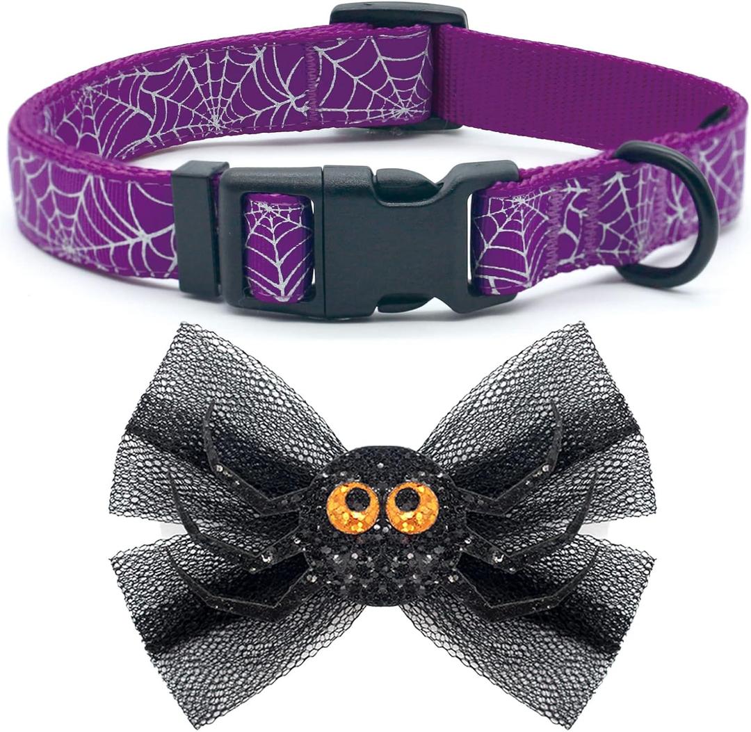azuza Halloween Dog Collars with Bow Cute Sequined Spider Purple Dog Collar with Lace Bow tie Gifts on Halloween for Small Dogs (S - Neck:11-16 inch)