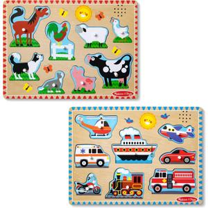 Melissa & Doug Wooden Light-Activated Sound Puzzle 2-Pack for Toddler and Preschool Boys and Girls  Farm Animals, Vehicles