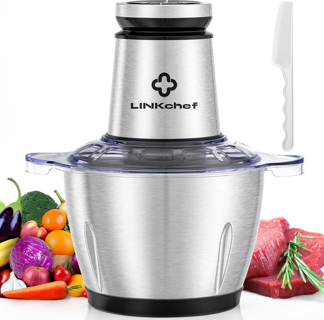 LINKChef Food Processor Small, 10 Cup Food Chopper with Container, 2.3L 600W Electric Meat Grinder for Home Use, Stainless Steel Mini Food Processor for Kitchen, Vegetable, Onion, Garlic, Salad (Silver)