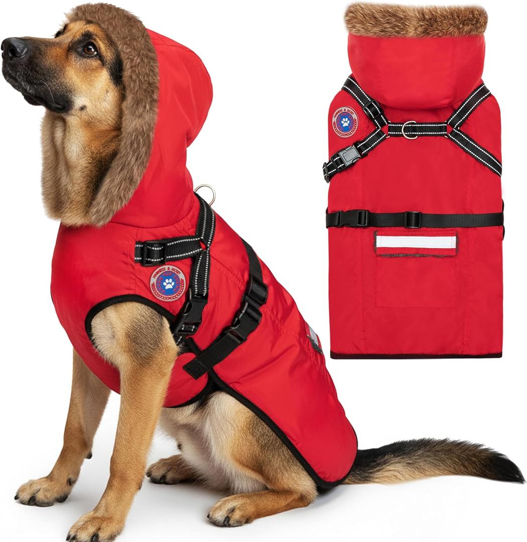 PAWNISAW Dog Winter Coat with Harness Built in, Warm Thick Plush Hooded Dog Snow Jacket for Cold Weather, Windproof Reflective Pet Clothes Outfit for Small, Medium, Large, XL & XXL Dogs Outdoor (Red)