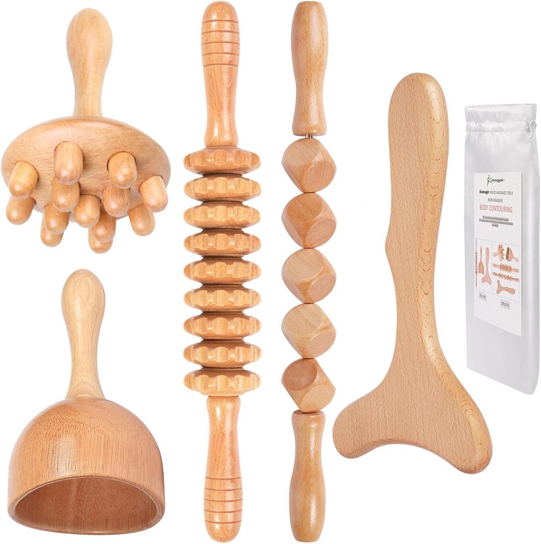 Komogir Wood Therapy Massage Tools 5-in-1 Lymphatic Drainage Massager Maderoterapia Kit Wooden Massager Body Sculpting Tools for Muscle Pain Relief, Anti-Cellulite, Body Contouring and Shaping