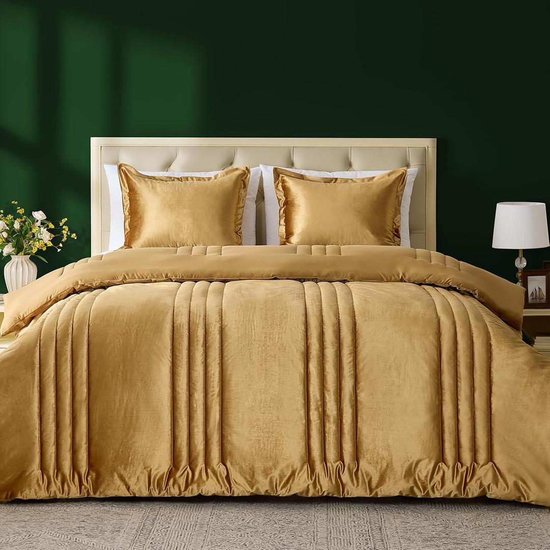 MUSSEL Velvet King Size Comforter Set 3 Pieces,Luxury Gold All Season Cozy Velvet Bedding Comforter Sets,Modern Striped Lightweight Fluffy Bedroom Sets Gold, King