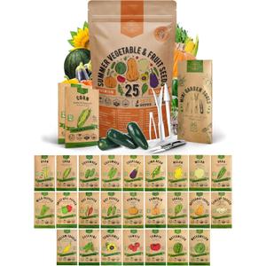 25 Summer Vegetable & Fruit Seeds Variety Pack - 1,870+ Non-GMO Heirloom Veggie & Fruits Seeds for Outdoors and Indoor Home Gardening, Including Collards, Tomato, Pepper, Okra, Onion, Bean, Cucumber