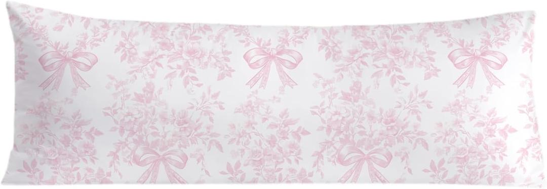 Chinoiserie Pink and White Floral 20x54 Body Pillow Cover, Chinoiserie Decor, Pink Coquette Bow Flowers Grand Millenial Decorative Long Body Pillow Cases for Bed Couch