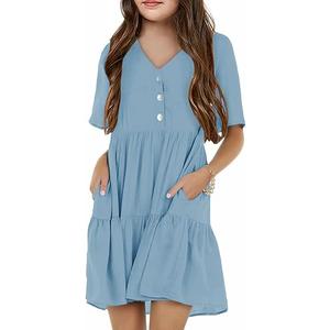 Tymidy Girls Casual Dress Summer Button V Neck Short Sleeve Ruffle Hem Flowy Swing Mini Dresses, Size 120