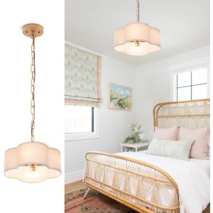 VILUXY Farmhouse Chandelier White Linen Fabric 4 Lights Pendant Light Flower Round Drum Chandelier with Gold Light Fixture for Bedroom Dining Room Living Room