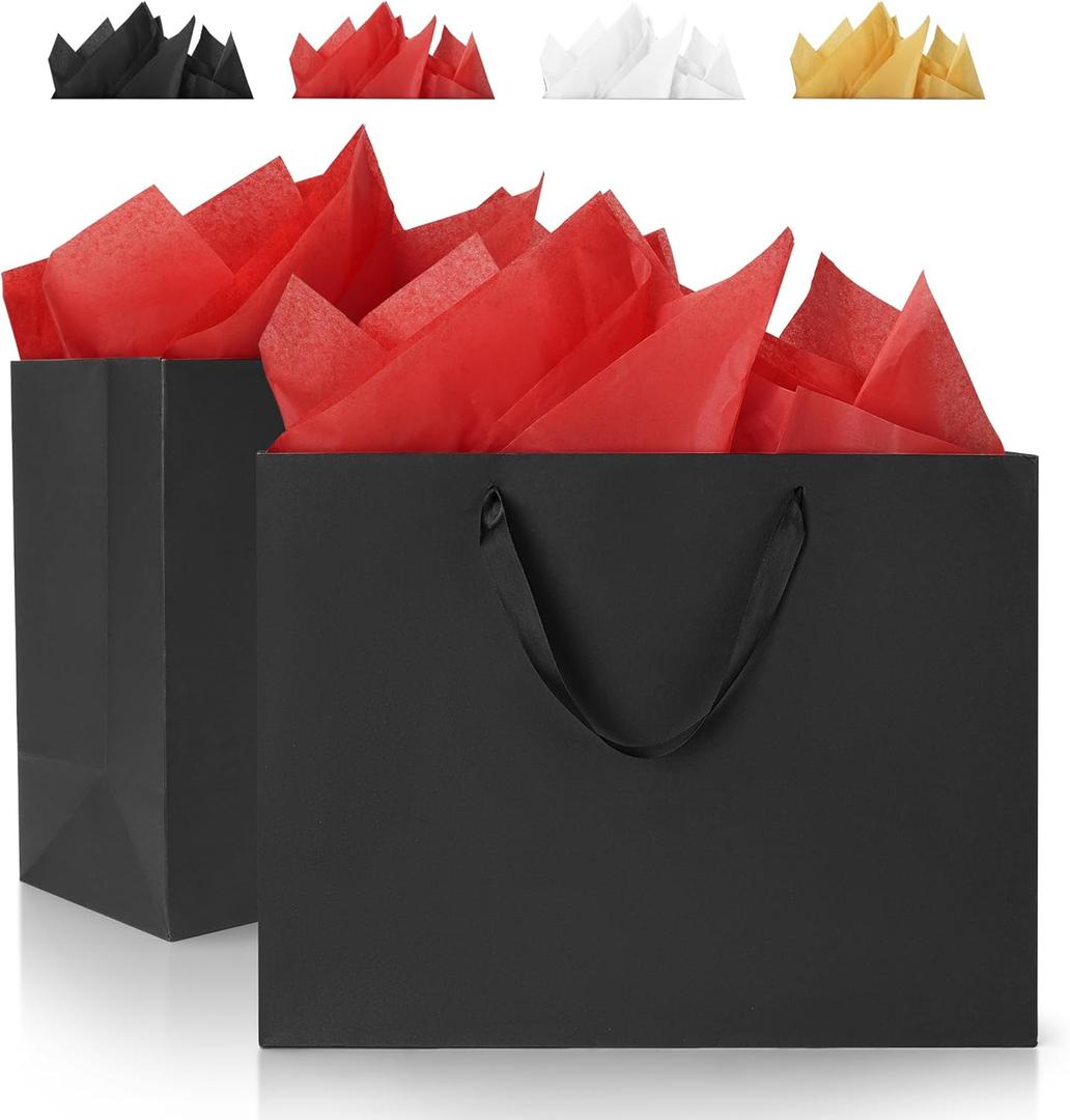 Argivean Extra Large Black Gift Bags: 2pcs 16x6x12 Inch Gift Bags With Handle For Birthday Wedding Party Business (With Red Tissue Paper)