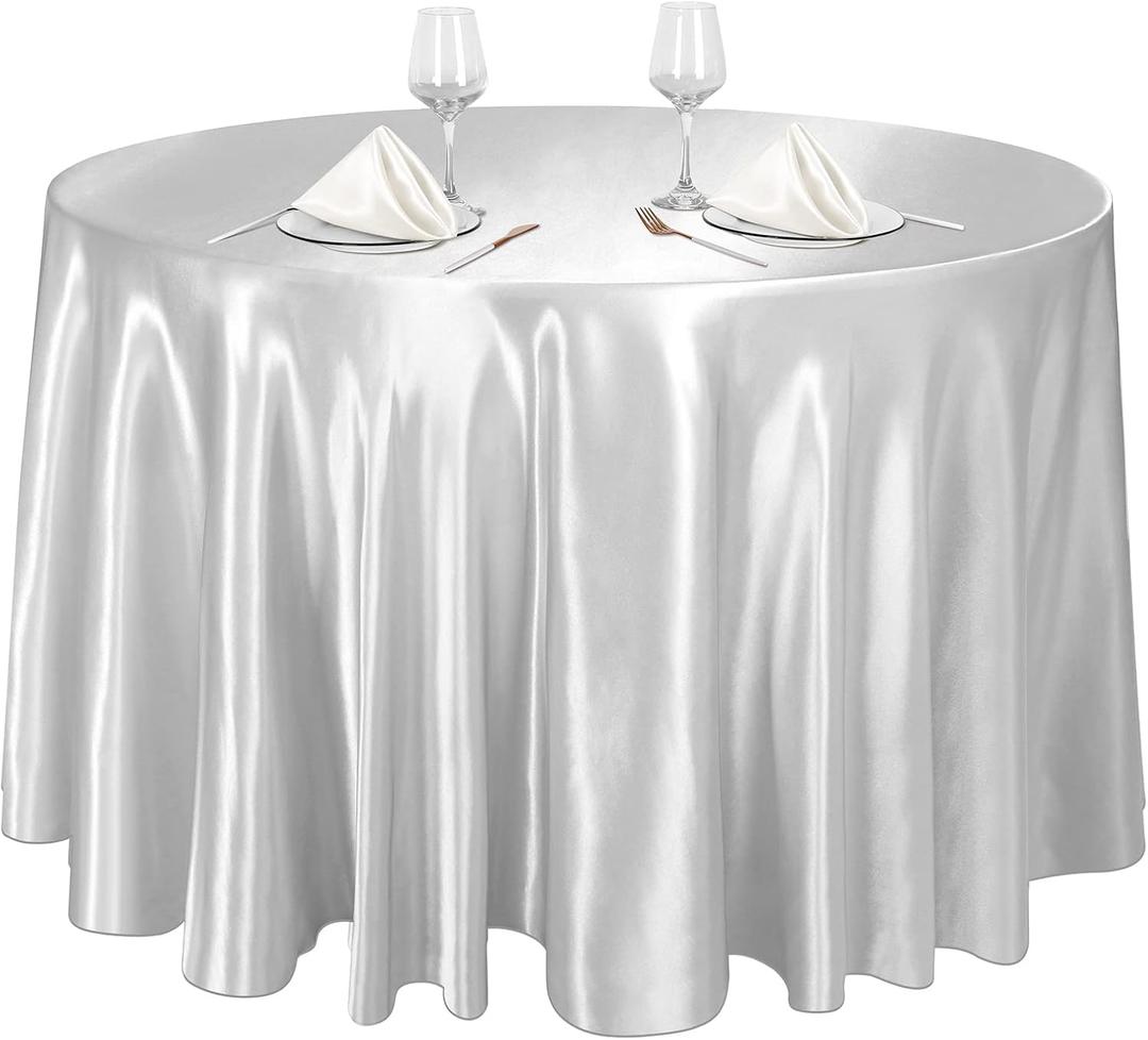 Ruisita 120 Inches Round Satin Tablecloths Silver Overlay Round Satin Table Cover Bright Silk Tablecloth Smooth Fabric Tablecloth for Wedding Banquet Table Decoration