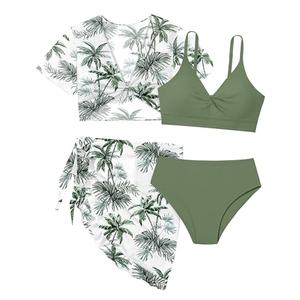 Girls Swimsuit 4 Piece Bathing Suits for Teens Tropical Print Twist Criss Cross Bikini Set with Kimono Cover Up Teen Swimsuits for Girls 12-14 Swimwear 13-14 Green Palm Tree