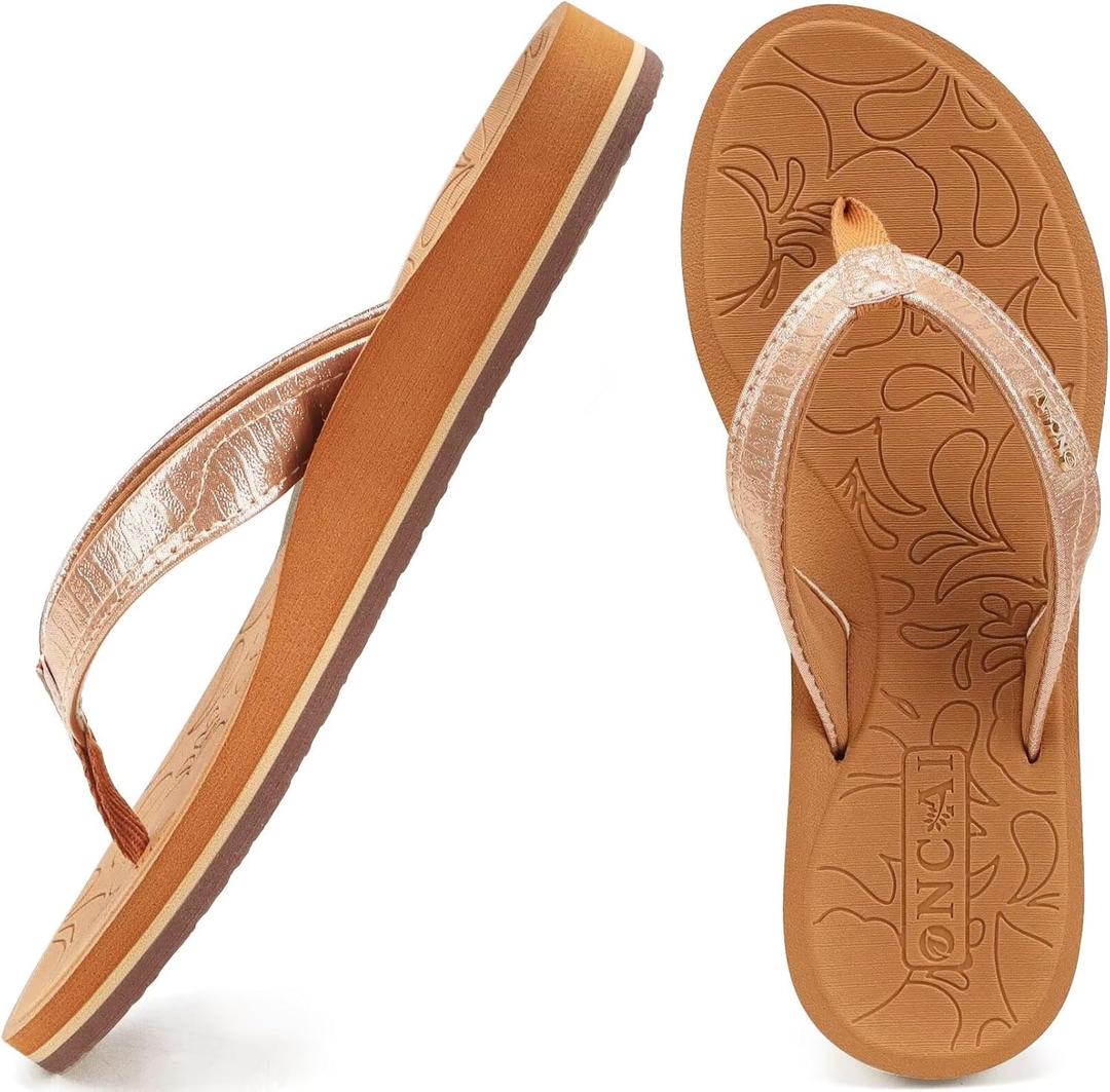 ONCAI Women's Flip Flops Comfortable Summer Beach Thong Sandals for Women with Cushion Walking Arch Support Yoga Mat Indoor Outdoor Soles (9, Gold/Khaki)