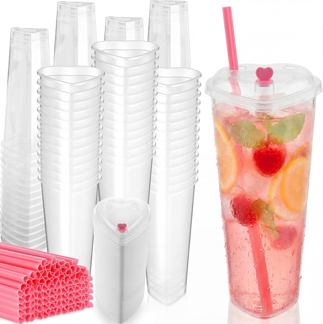 23 oz Heart Shaped Plastic Cups with Lids and Straws Reusable Disposable Heart Cups Plastic Drinking Cup Bulk for Wedding Anniversary Party Supplies(100 Set,Clear,Pink)