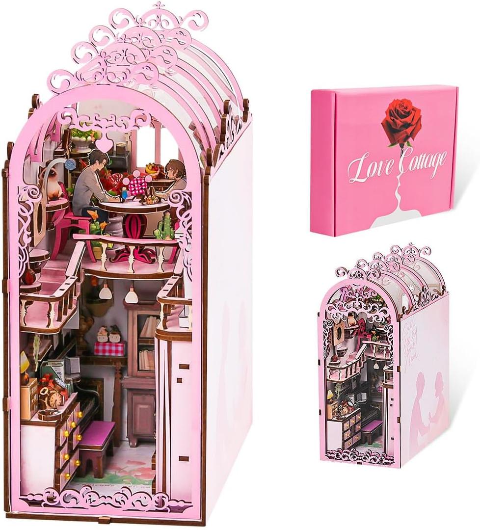 Book Nook Kit DIY Miniature House Crafts Dollhouse Wooden Booknook Building Kit Tiny Pink House Building Sets 3D Book Nook Puzzle for Adults Decorative Shelf Insert