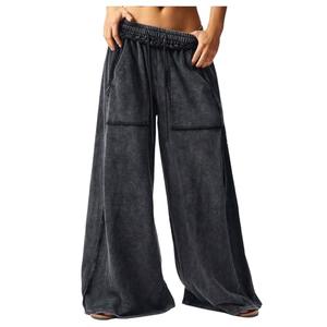 SOLY HUX Women's Wide Leg Baggy Sweatpants Acid Wash Drawstring Elastic Waist Palazzo Long Pants with Pockets Plain Black Medium