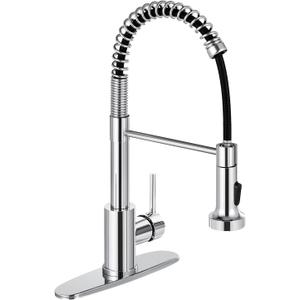 DJS Kitchen Faucets with Pull Down Sprayer Chrome High Arc Single Handle 1 or 3 Holes Spring Kitchen Sink Faucet with Deck Plate for Farmhouse RV Vessel Basin