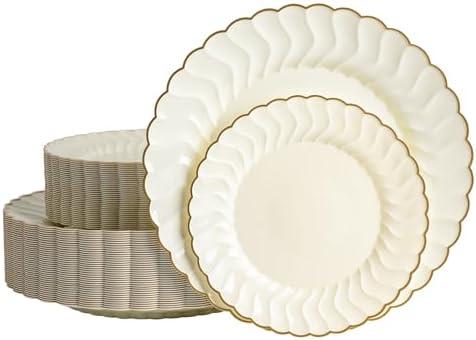 Brolifon 25pcs Ivory Thanksgiving Plastic Plates With Gold Rim, 10in Dinner Plate and 7in Dessert Plate Disposable Elegant Scalloped Plates for Party, Wedding