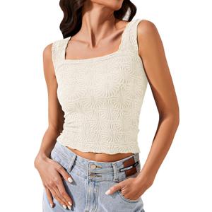 Womens Crop Floral Tank Top Square Neck Wide Straps Cropped Tank Tops Slim Fit Lettuce Trim Boho Summer Tops (Medium, Beige)