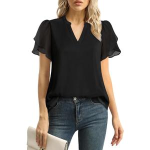 Lotusmile Womens Dressy Chiffon Blouses Summer Puff Petal Short Sleeve Shirts V Neck Casual Work Tops (Black, XL)