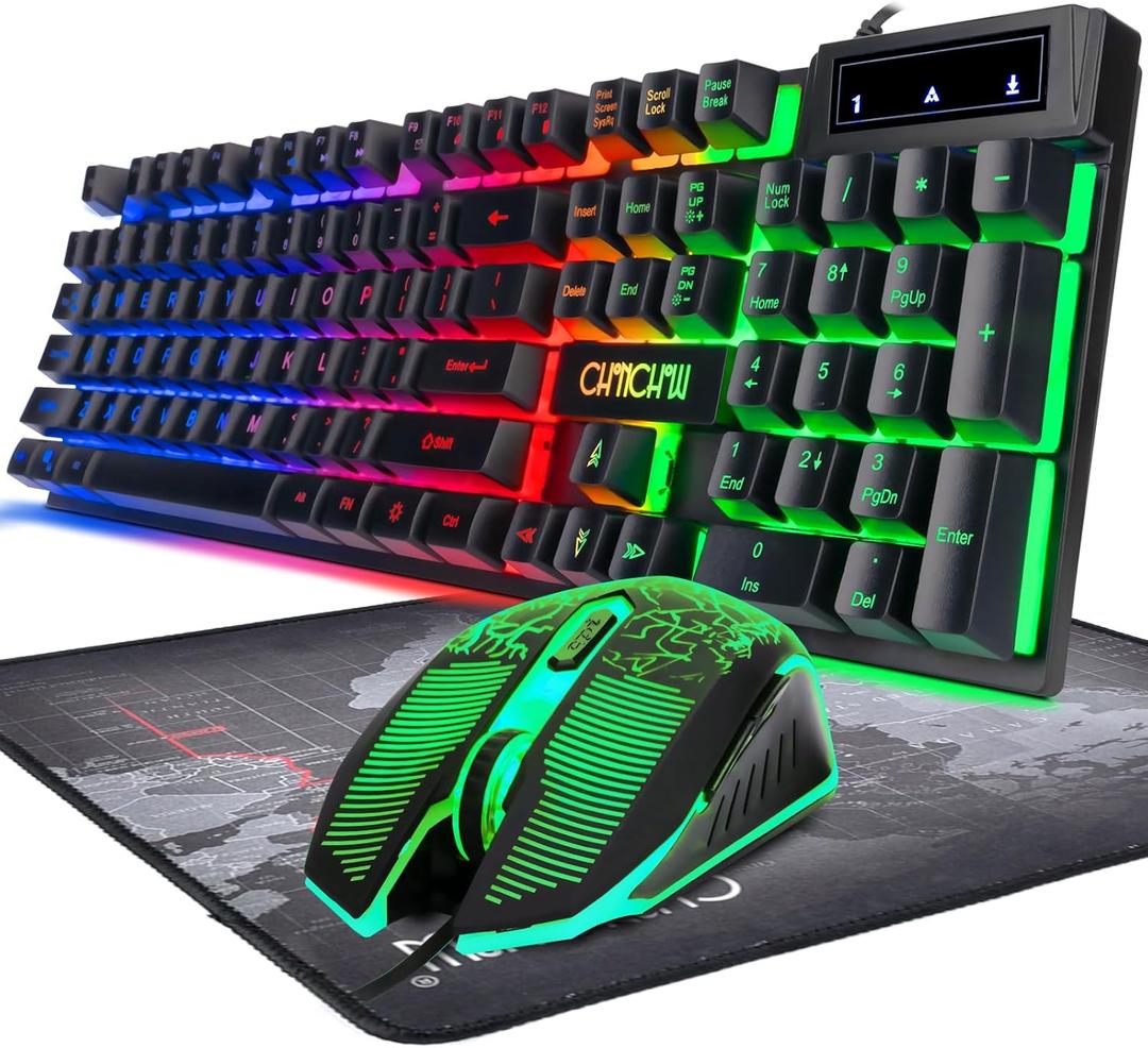 Keyboard and Mouse Gaming LED Wired Combo with Emitting Character Keyboard 4800DPI 2 Side Button USB Mouse Rainbow Backlit Mechanical Feeling Compatible with PC Raspberry Pi Mac Xbox one ps4 (910b)