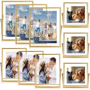 Treela 9 Set Gold Frames 7x9/6x8/6x6'' for Picture Size 4x4, 4x6, 5x7, Metal Glass Vintage Brass Floating Photo Frame Vertical Tabletop Display for Wedding Home Desk Decor(Frame Size 7x9/6x8/6x6'')