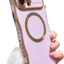 ZONRW for iPhone 14 Pro Max Case Magnetic,for Women Girls Soft Cute Wave Frame Curly Shape Love Heart Luxury Plating Phone Case Compatible with MagSafe Shockproof Back Cover 6.7"-Light Purple