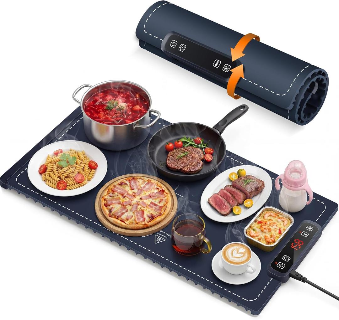 Food Warming Mat, Electric Warming Tray, Silicone Fast Heating Warmer Pad, 6 Temp Adjustable, Timer & Safety Lock, Auto Shut-Off for Countertops Buffets Party (Blue)