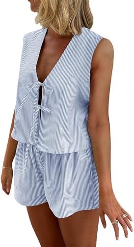 Thopavenoir Women Y2k 2 Piece Pajamas Outfits Sleeveless Bow Tie Front Tank Tops Vest +Stripe Peplum Shorts 2Pcs Lounge Sets Medium, Light Blue  