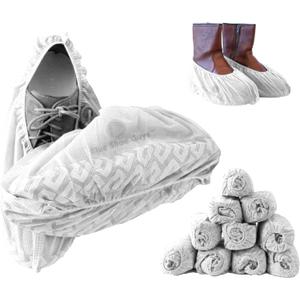 Premium Boot & Shoe Covers Disposable Booties - 100 Pack - Durable, Non-Slip, Non-Toxic, Water Resistant, Recyclable Protectors for Indoor & Outdoor - Large Size Fits Most Shoes (White)