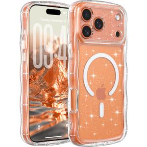 FABSPARK Case for iPhone 17 Pro Max,Compatible with MagSafe,Magnetic Clear Curly Wavy Frame Wave Case with Sparkly Bling Glitter,Transparent Acrylic Hard PC for iPhone 17 Pro Max,Glitter Clear