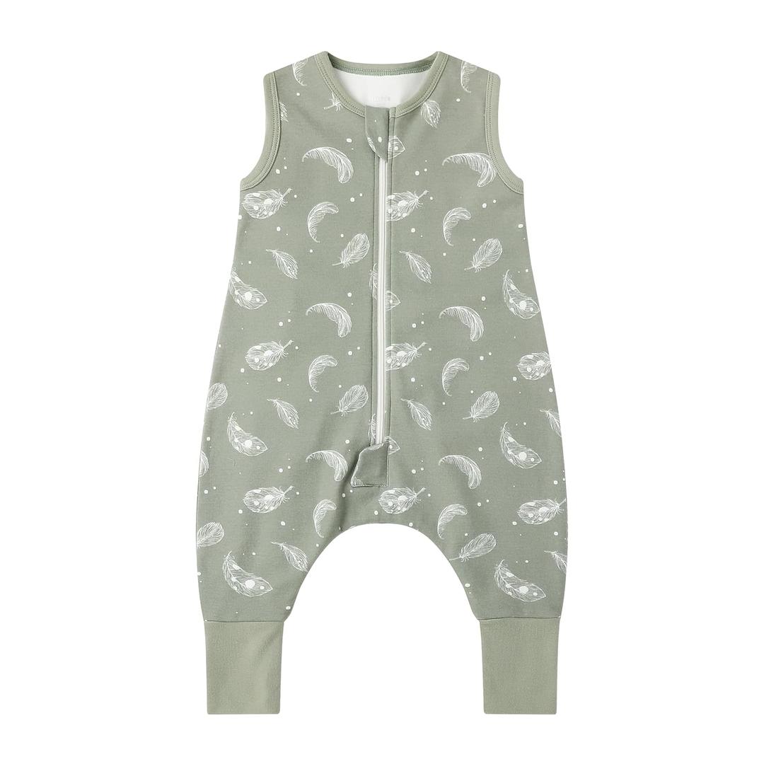 Owlivia 1.0 Tog 100% Organic Cotton Baby Sleeping Bag with Feet Toddler Sleep Sack with Legs Sleeveless Wearable Blanket(1.0 TOG Green Feather,4 Years-100)