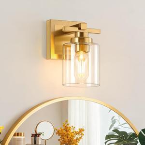1 Light Modern Bathroom Light Fixtures Over Mirror, Brass Finish Vanity Lights for Bathroom Wall Sconces with Clear Glass Shades, E26 Socket (Bulbs Not Included)