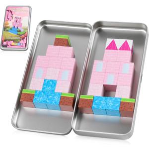Mini Portable Magnetic Blocks with Iron Storage Box - Travel Magnet Building Block for Toddler 1-3, STEM ConstructionToys for Kids Ages 4-8, Educational Learning Toy Gift for Girls -Castle