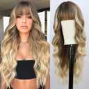 BOGSEA Ombre Blonde Wig with Bangs Long Blonde Wig for Women 26 Inch Synthetic Heat Resistant Fiber Wigs for Daily Party (10/613-Blonde)