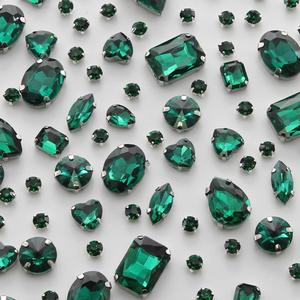 TANOSII Sew on Rhinestones 100 PCS Mixed Shapes Glass Rhinestones Sew on Crystal Gems Mental Flatback with Silver Claw for Jewelry Crafts Clothes Shoes Costume Garment Malachite Green
