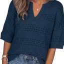 PRETTYGARDEN Womens Crochet Tops Casual Cotton Hollow Out Knit Short Sleeve Oversized Sweater for Women Summer Beach Cover Up (X-Large, Dark Blue)
