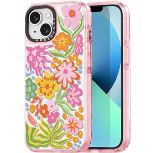 for iPhone 13 Case Cute - Durable Shockproof 6.6 ft Drop Impact Phone Case - Funny Passion Flower Design (6.1") Glitter Pink