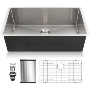 Lordear 33 Undermount Kitchen Sink 33x19x10 Inch Stainless Steel Single Bowl Kitchen Sinks Round Corner 16 Gauge Handmade Under Counter Sinks Basin