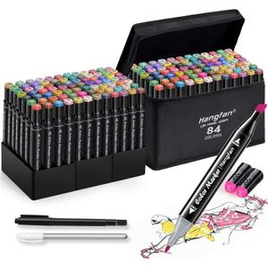 84 Colors Dual Tip Coloring Markers for Adults,Markers for Adults,Give 1 White Highlighter,1 Tracing Pen,Coloring Illustrations Sketch Drawing Painting Card Making(Black Pen Container)