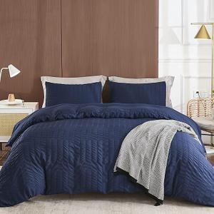 AveLom Navy Blue Duvet Cover King (104 x 90 inches), 3 Pieces (1 Duvet Cover + 2 Pillow Cases), Seersucker Textured Ultra Soft Washed Microfiber, Textured Duvet Cover with Zipper Closure, Corner Ties, Dark Blue