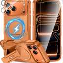 Caka for iPhone 17 Pro Max Case 3-in-1 with Invisible Kickstand, MagSafe Compatible Magnetic Phone Case with HD Screen Protector & Camera Lens Protector, Heavy Duty Shockproof Cover (Orange)