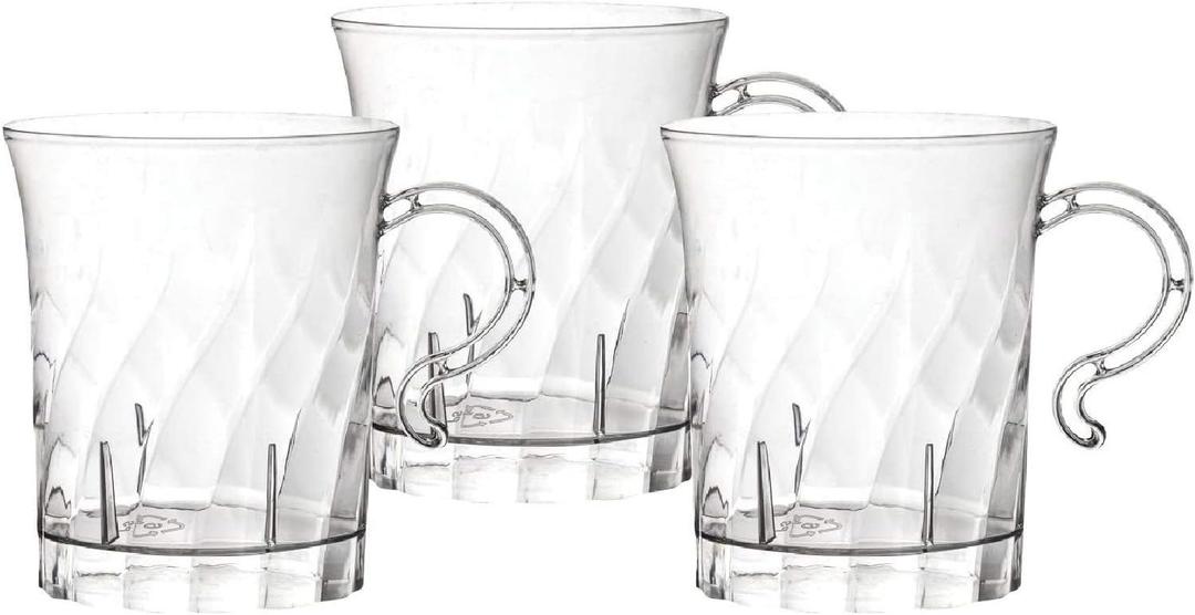 Party Essentials Hard Plastic 8 oz. Swirled Coffee/Tea/ Party Cups With Handle, Clear, 20 Count (N810-2)