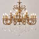 Vintage 10 Arms Crystal Chandelier Candle Light Fixture for Dining Room Living Room Bedroom Hallway Entryway Antique Gold Finish (34"-15 Lights)