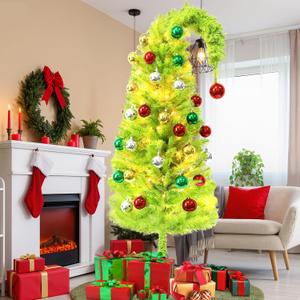 6FT 43PCS Large Artificial Christmas Tree Xmas Holiday Whimsical Pre-Lit Christmas Tree for Indoor & Outdoor Christmas Party Decor with 100 LED String Lights & 41 Balls for Home Office Bendable