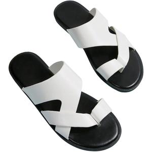 GORGLITTER Men's Beach Leather Sandals 2025 Slide Footwear Round Flip Flops Pu Slip On Slippers (White), Size 8.5