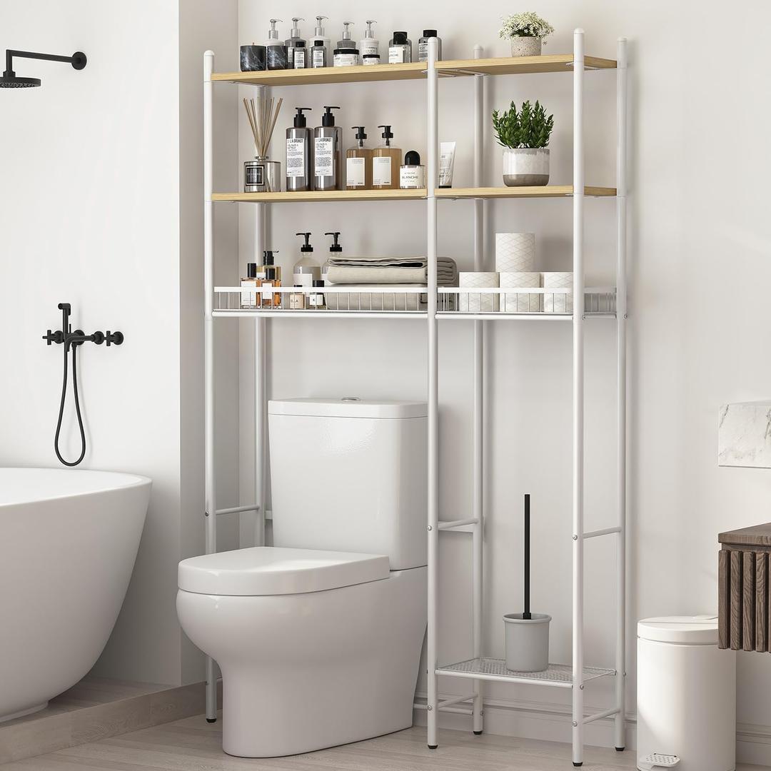 Extra Wide Over The Toilet Storage - 37.5" W, 4-Tier Over Toilet Bathroom Organizer with Extra Side Shelf and 2 Drain Baskets, Space Saver Storage for Bathroom, Balcony, Living Room